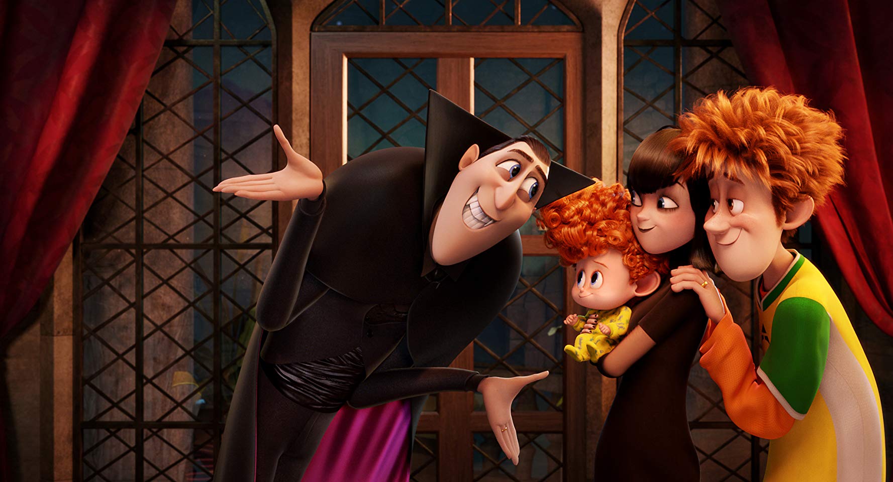 Dracula, grandson Dennis, daughter Mavis and son-in-law Jonathan in Hotel Transylvania 2 (2015)