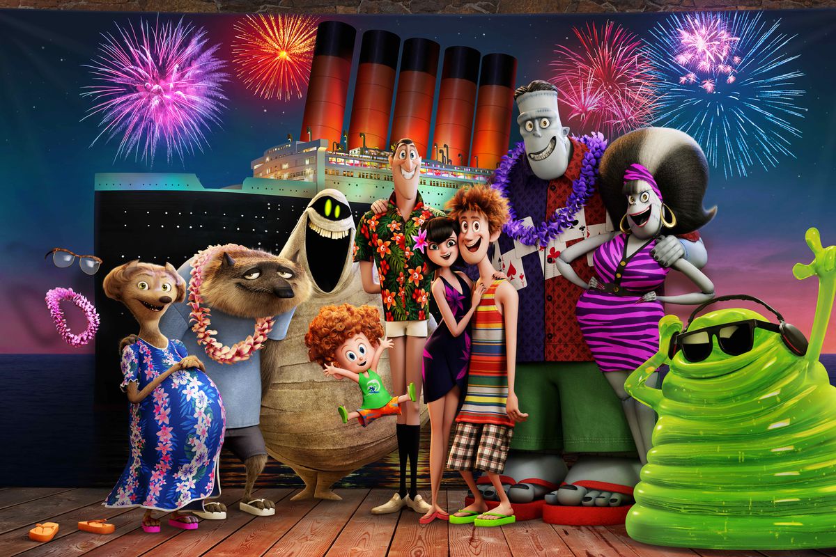 The monsters on vacation - Wanda, Wayne, Murray, Dennis, Dracula, Mavis, Jonathan, Frankenstein, Eunice and Blobby in Hotel Transylvania 3 Summer Vacation (2018)