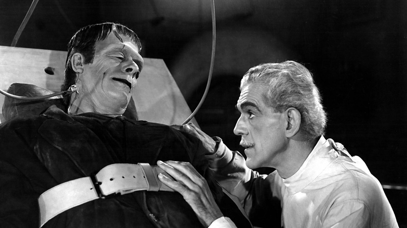 Dr Niemann (Boris Karloff revives the Frankenstein Monster (Glenn Strange) in House of Frankenstein (1944)