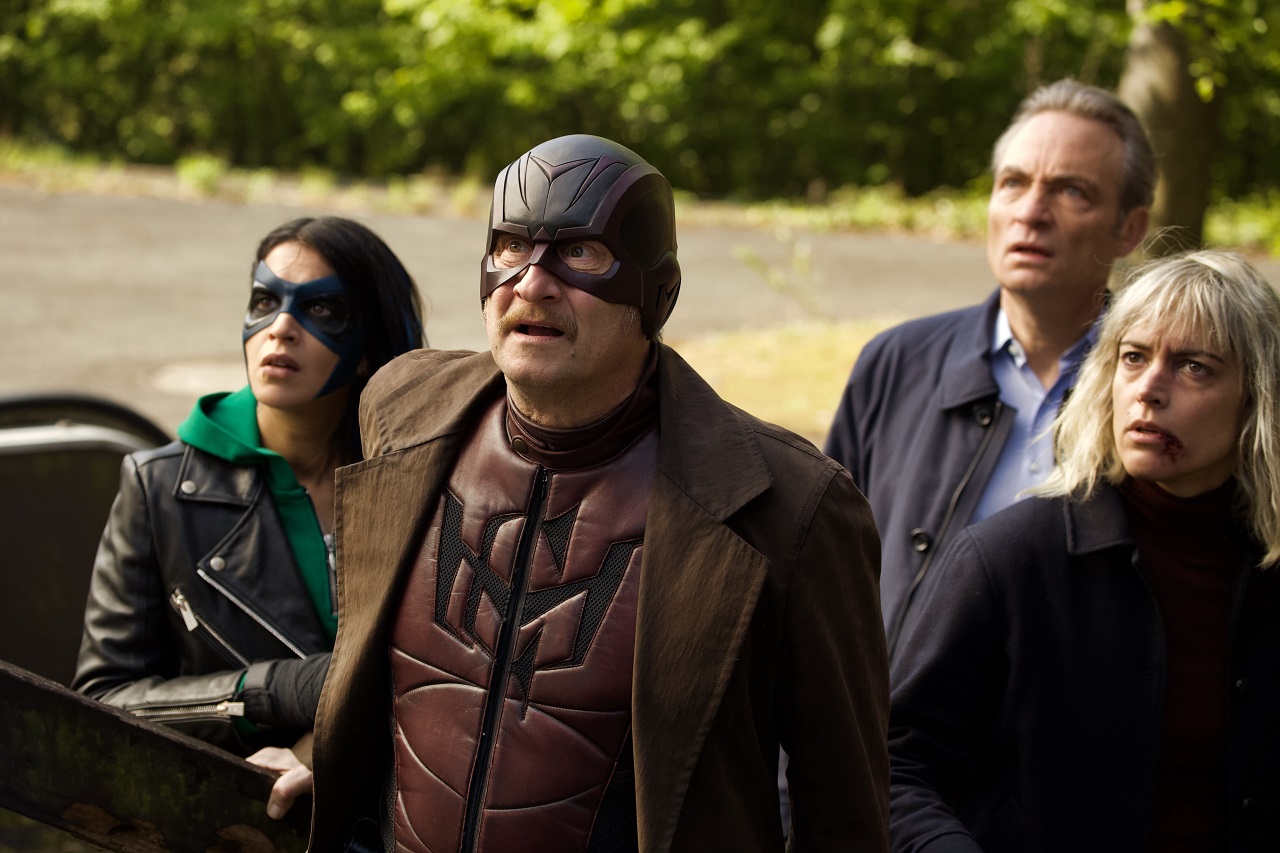 Leila Bekhti, Benoit Poelvoorde, Gilles Cohen and Vimala Pons in How I Became a Super-Hero (2020)