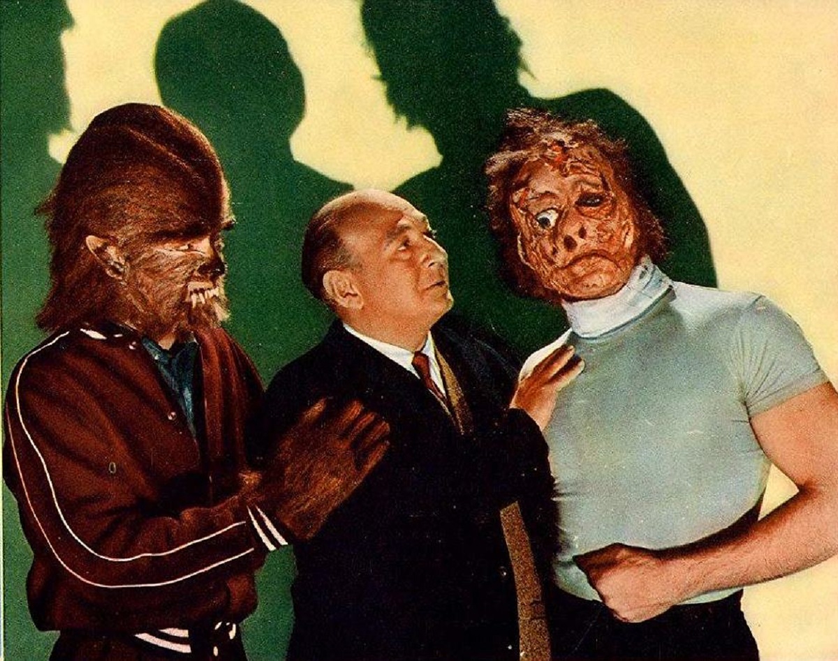 Makeup artist Robert H. Harris with two his monster creations in How to Make a Monster (1958)