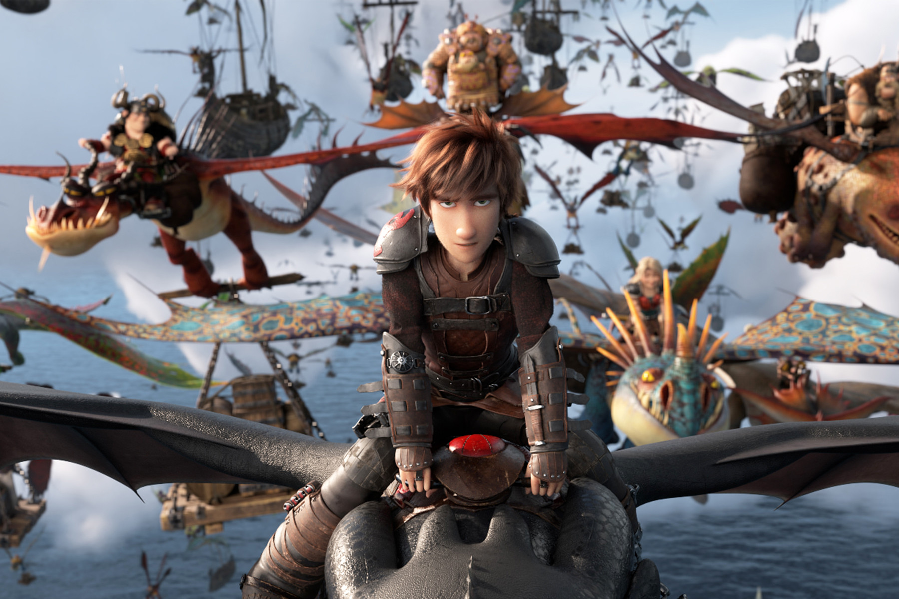 Hiccup (voiced by Jay Baruchel) rides Toothless at the head of the dragon army in How to Train Your Dragon: The Hidden World (2019)