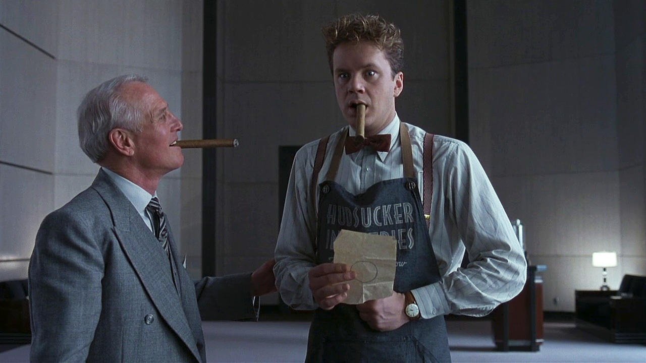 (l to r) Vice-President Sidney J. Mussburger (Paul Newman) and Norville Barnes (Tim Robbins), a mailboy promoted to CEO in The Hudsukcer Proxy (1994)