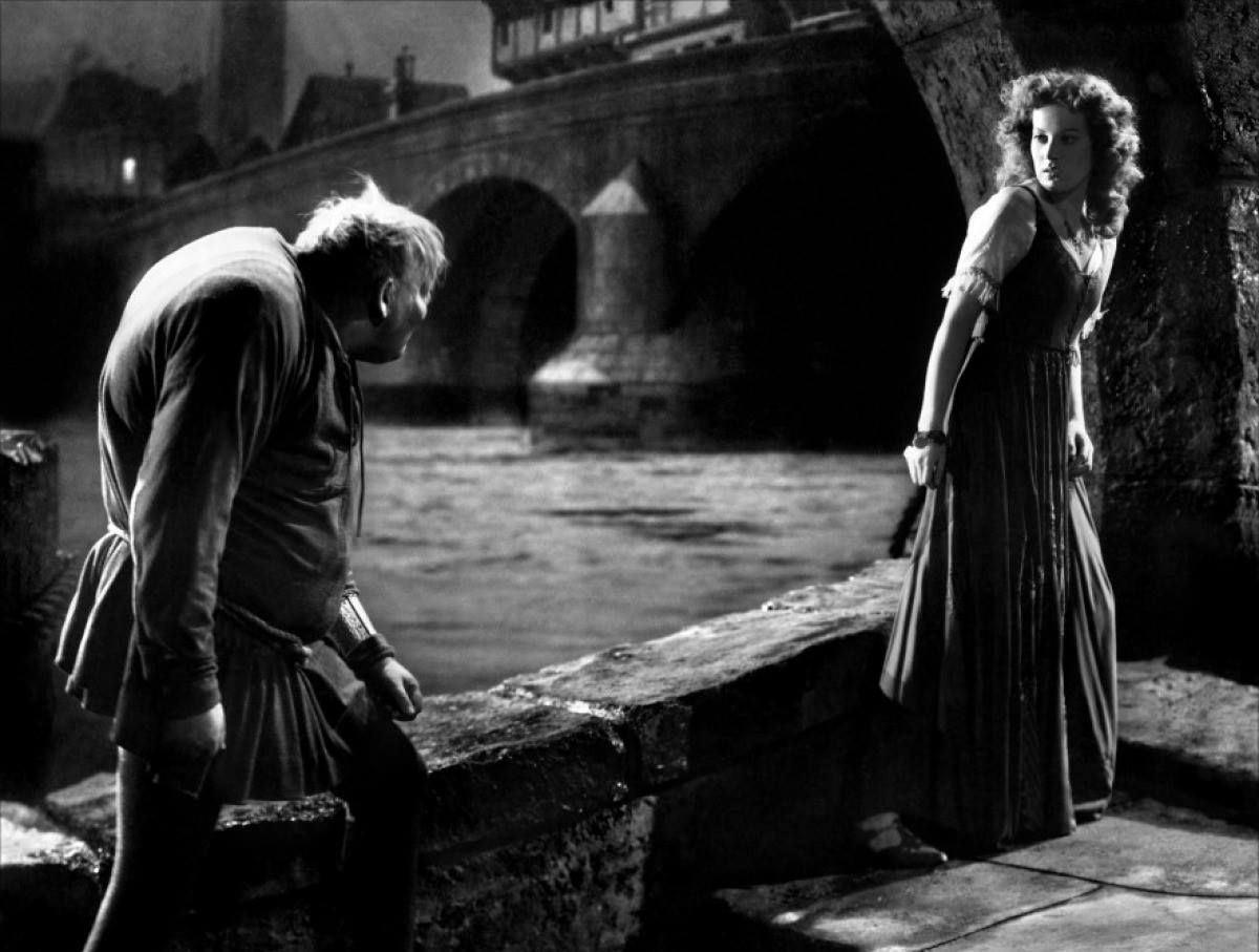Quasimodo (Charles Laughton) and Esmeralda (Maureen O'Hara) in The Hunchback of Notre Dame (1939)