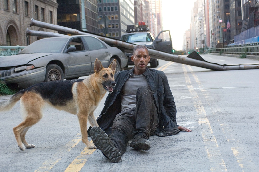 Will Smith and his dog alive in the ruins of New York City in I Am Legend (2007)