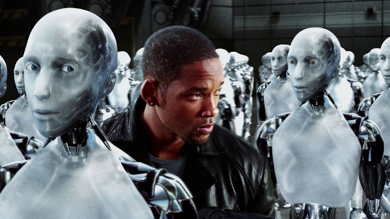 Will Smith tries to find Sonny amid thousands of identical robots in I, Robot (2004)