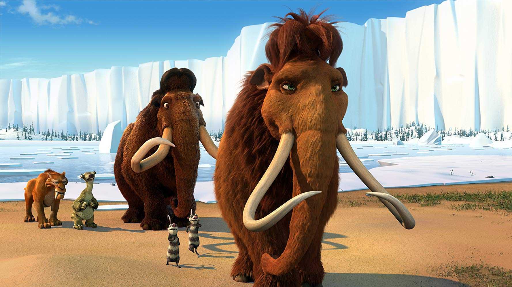 (l to r) Diego the sabre-tooth tiger (voiced by Denis Leary), Sid the sloth (voiced by John Leguizamo), Manfred the mammoth (voiced by Ray Romano), the possums Crash and Eddie (voiced by Seann William Scott and Josh Peck), and Ellie (voiced by Queen Latifah) in Ice Age 2 (2006)