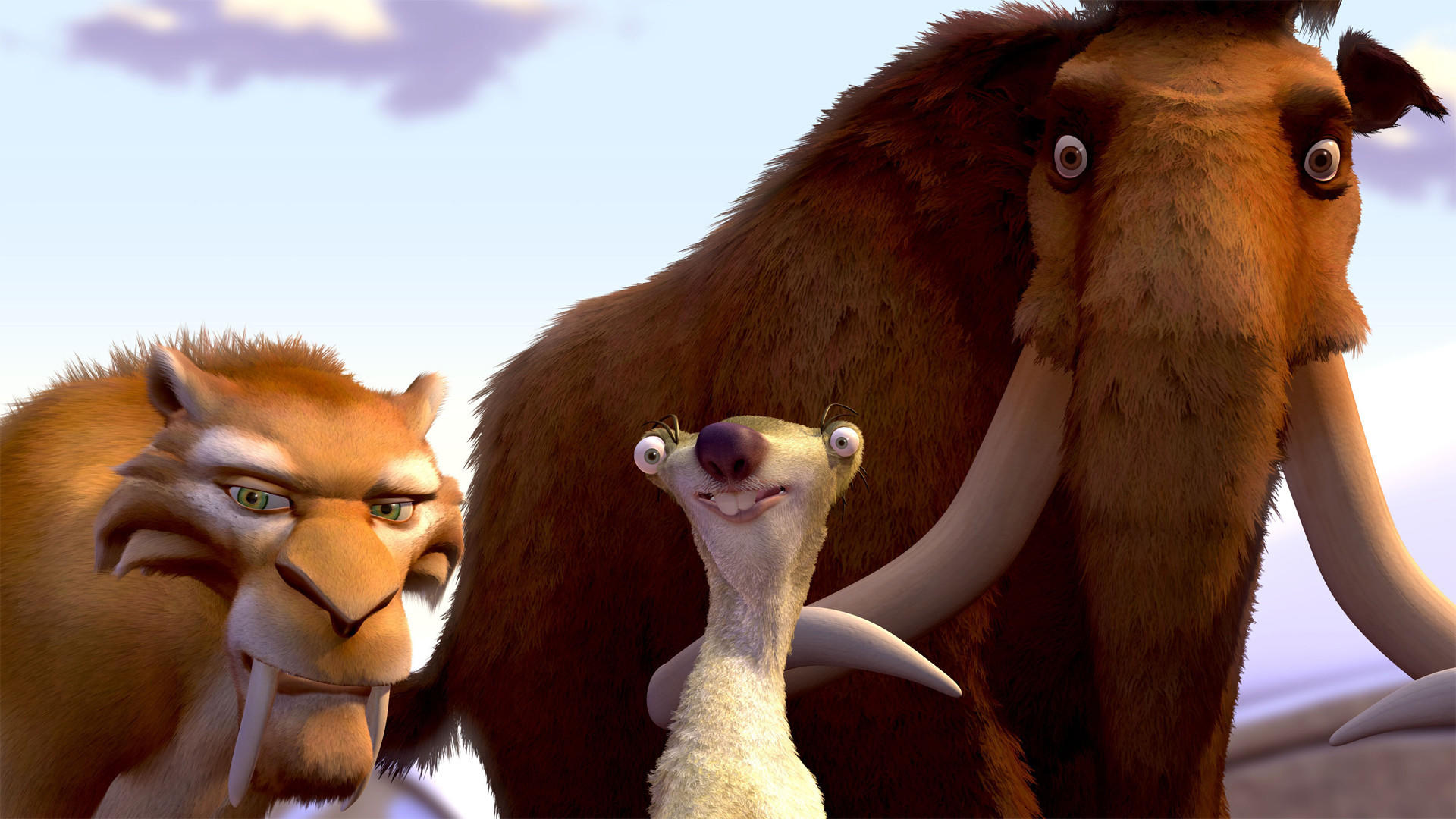 Diego the sabre-tooth tiger (voiced by Denis Leary), Sid the sloth (voiced by John Leguizamo) and the mammoth Manfred (voiced by Ray Romano) in Ice Age (2002)