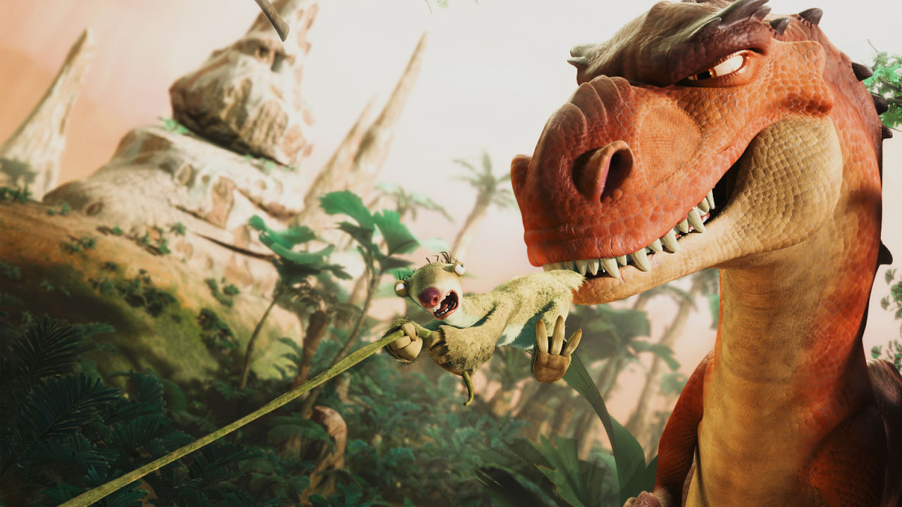 Sid the sloth (voiced by John Leguizamo) flees from a dinosaur in Ice Age 3: Dawn of the Dinosaurs (2009)