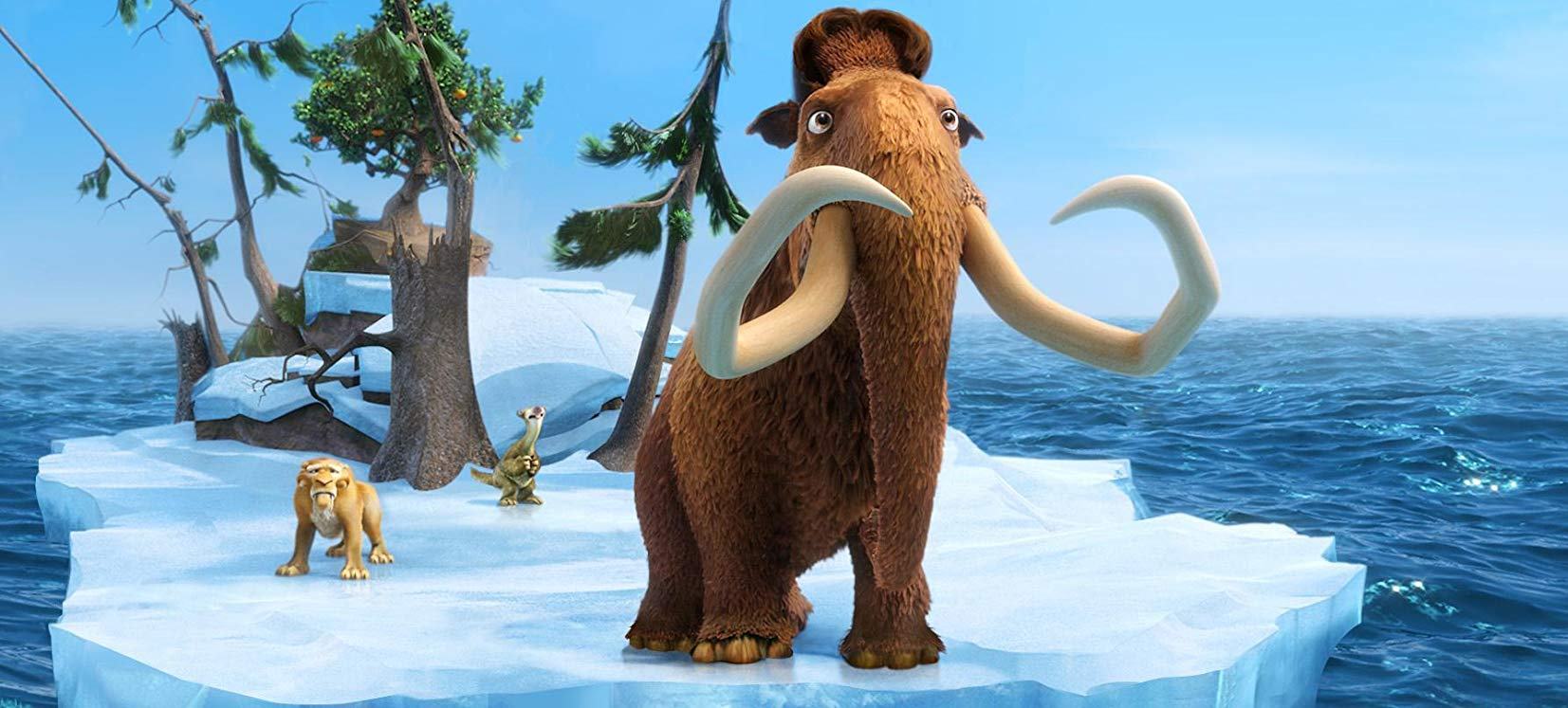 (l to r) Diego (voiced by Denis Leary), Sid (voiced by John Leguizamo) and Manny (voiced by Ray Romano) set sail on a sheet of ice in Ice Age: Continental Drift (2012)