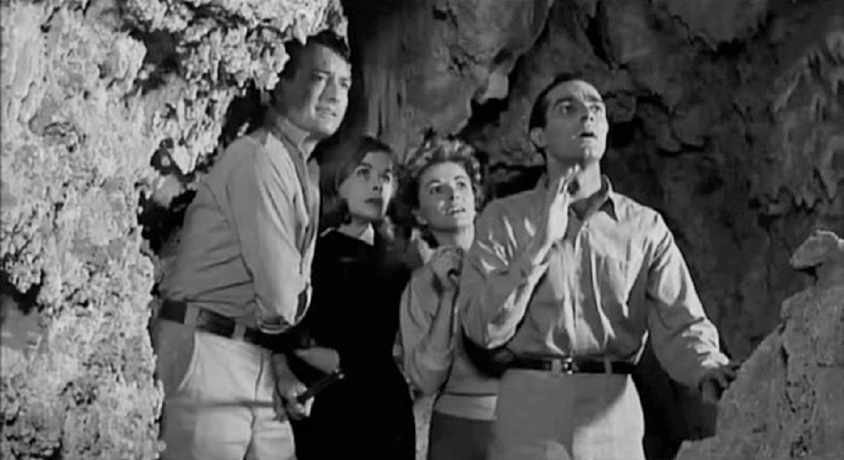 Explorers in the underground - Robert Clarke, Sheila Noonan, Phyllis Coates and Allen Windsor in The Incredible Petrified World (1960)