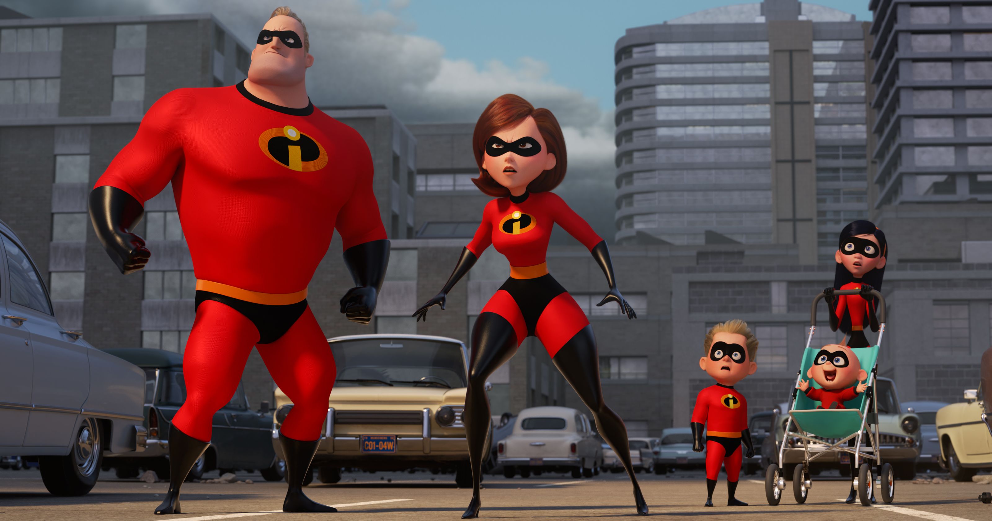 The Incredibles back in action - (l to r) Bob/Mr Incredible (voiced by Craig T. Nelson), Helen/Elastigirl (voiced by Holly Hunter), Dash (voiced by Huckleberry Milner), Jack-Jack (voiced by Eli Fucile) and Violet (voiced by Sarah Vowell) in Incredibles 2 (2018)