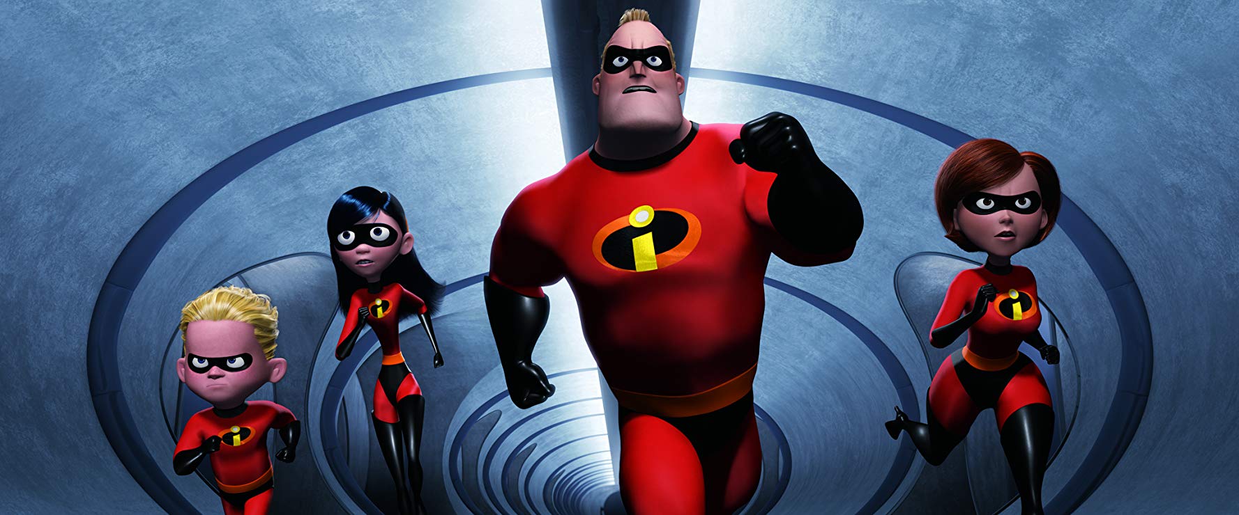 The Incredibles go into action - Dash, Violet, Bob/Mr Incredible and Helen/Elastigirl in The Incredibles (2004)