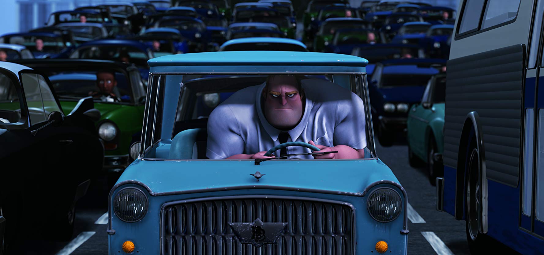 Bob champing in frustration in traffic in The Incredibles (2004)