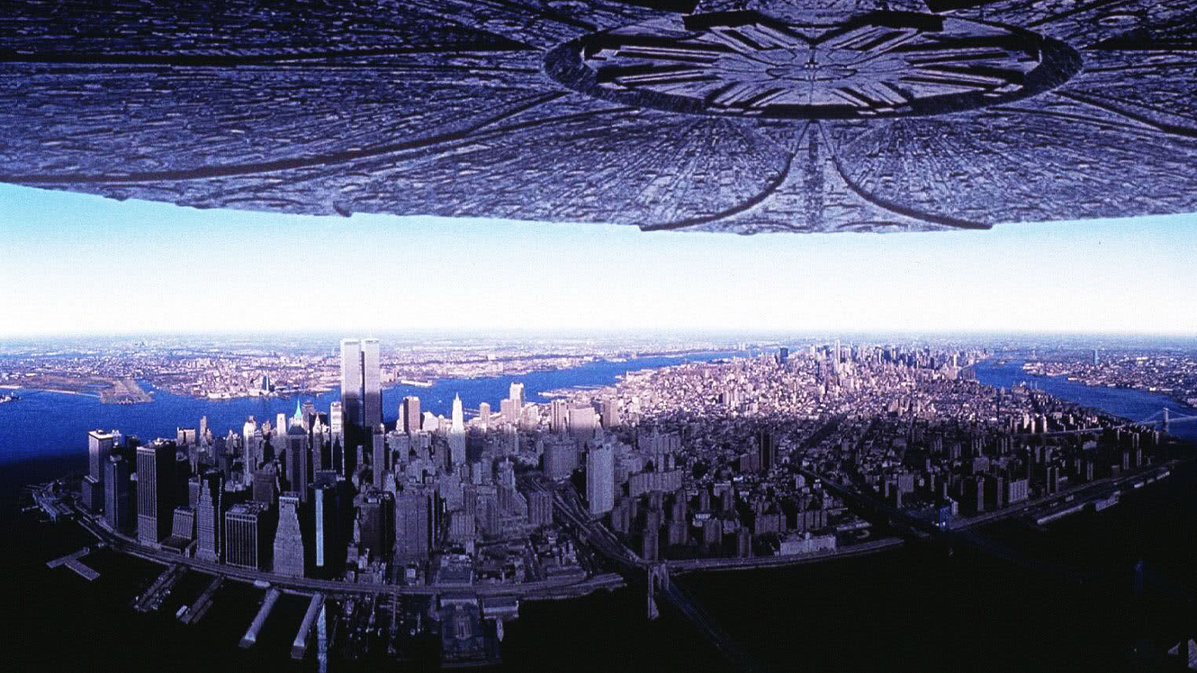 The arrival of alien ships over major cities in Independence Day (1996)