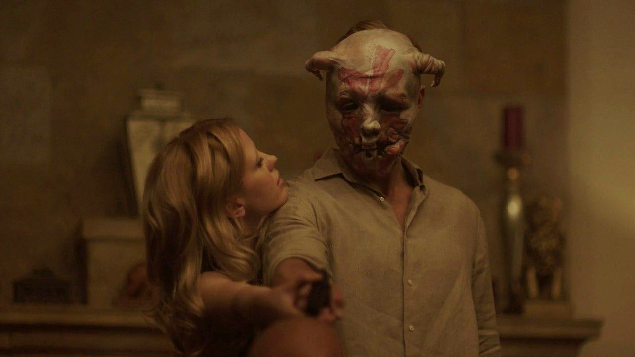 Mia Goth encourages a masked Alexander Skarsgård to acts of lawlessness in Infinity Pool (2023)