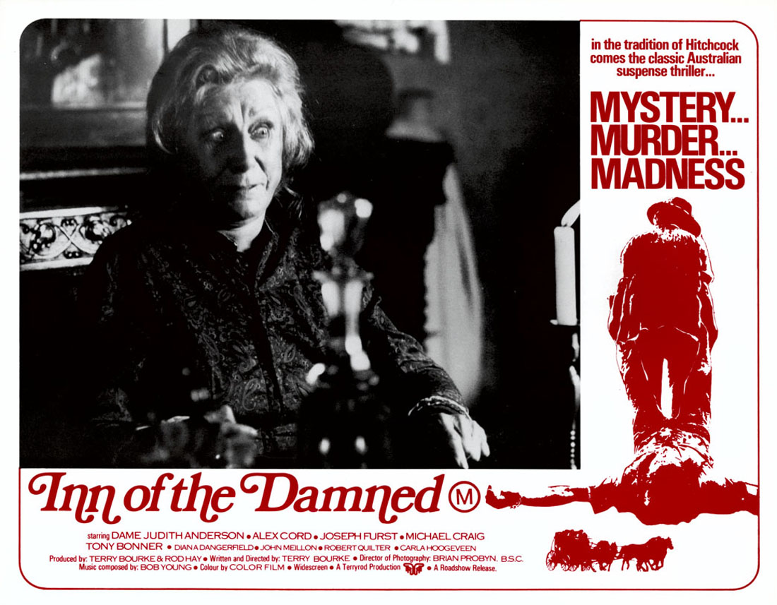 Lobby card featuring Dame Judith Anderson as bak country innkeeper Caroline Staulle in Inn of the Damned (1975)