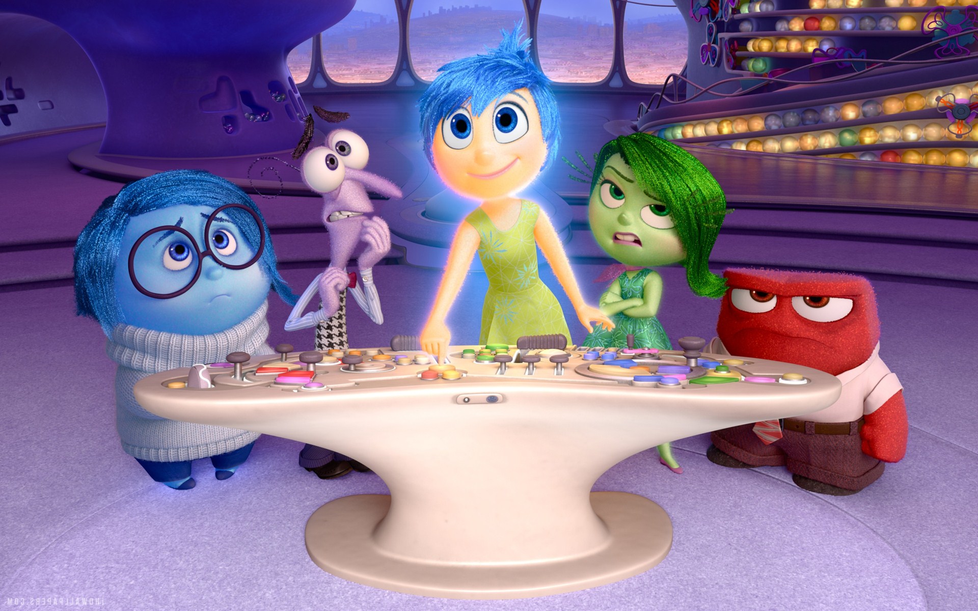 The personalities inside Riley's head - Sadness (voiced by Phyllis Smith), Fear (voiced by Bill Hader), Joy (voiced by Amy Poehler), Disgust (voiced by Mindy Kaling) and Anger (voiced by Lewis Black) in Inside Out (2015)