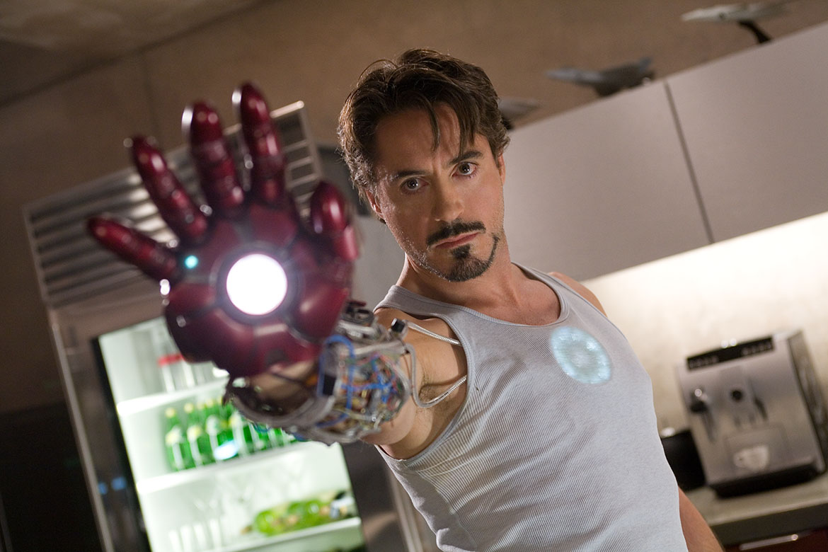 Tony Stark (Robert Downey Jr) perfects the suit in Iron Man (2008)