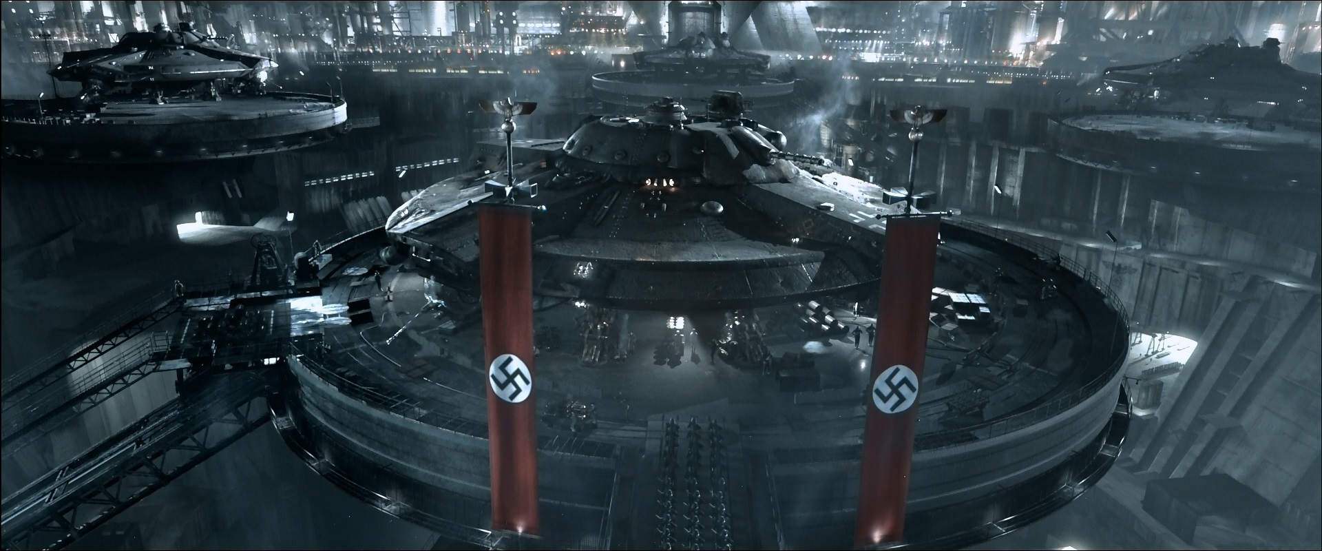 Nazi flying saucers on The Moon in Iron Sky (2012)