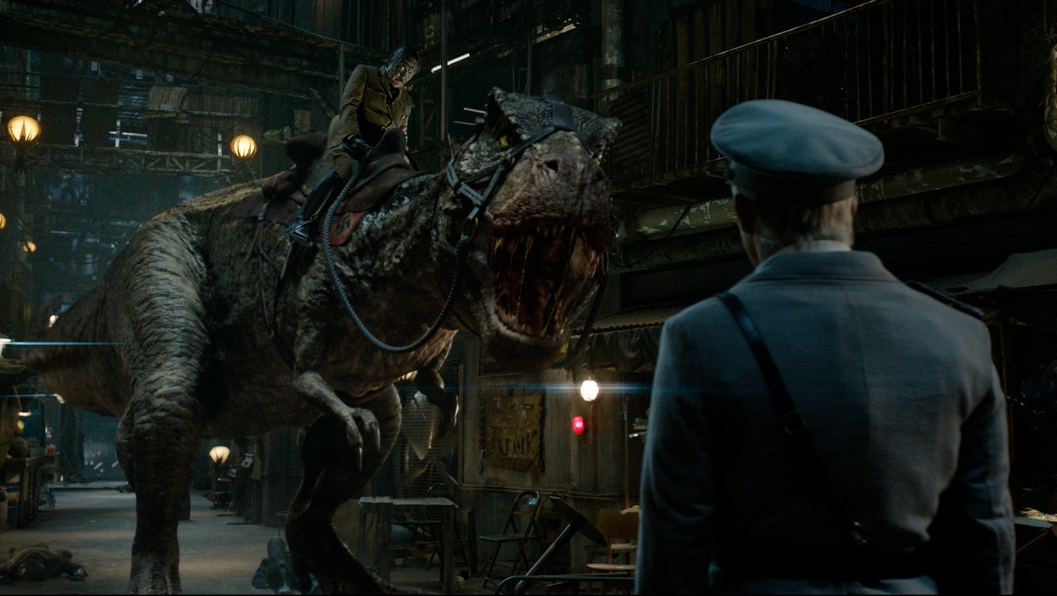 An alien lizard Adolf Hitler (Udo Kier) invades the moonbase riding on the back of a dinosaur in Iron Sky: The Coming Race (2019)