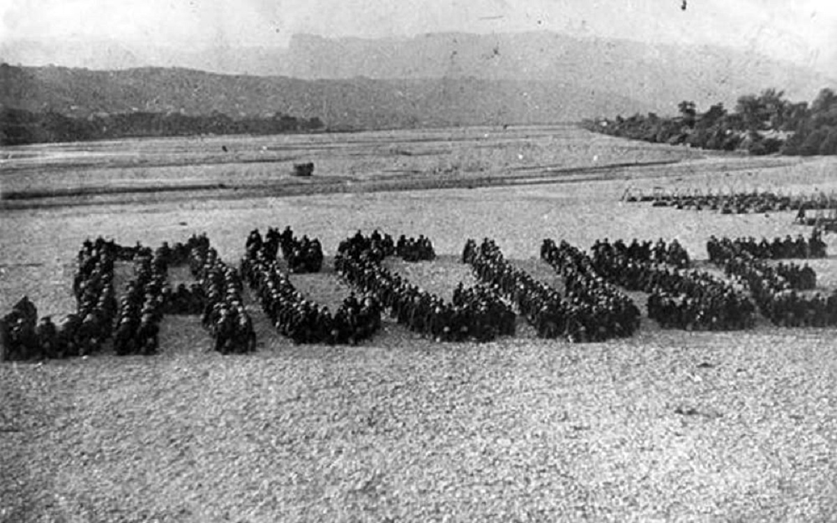 Soldiers form into the film's title in J'Accuse (1919)