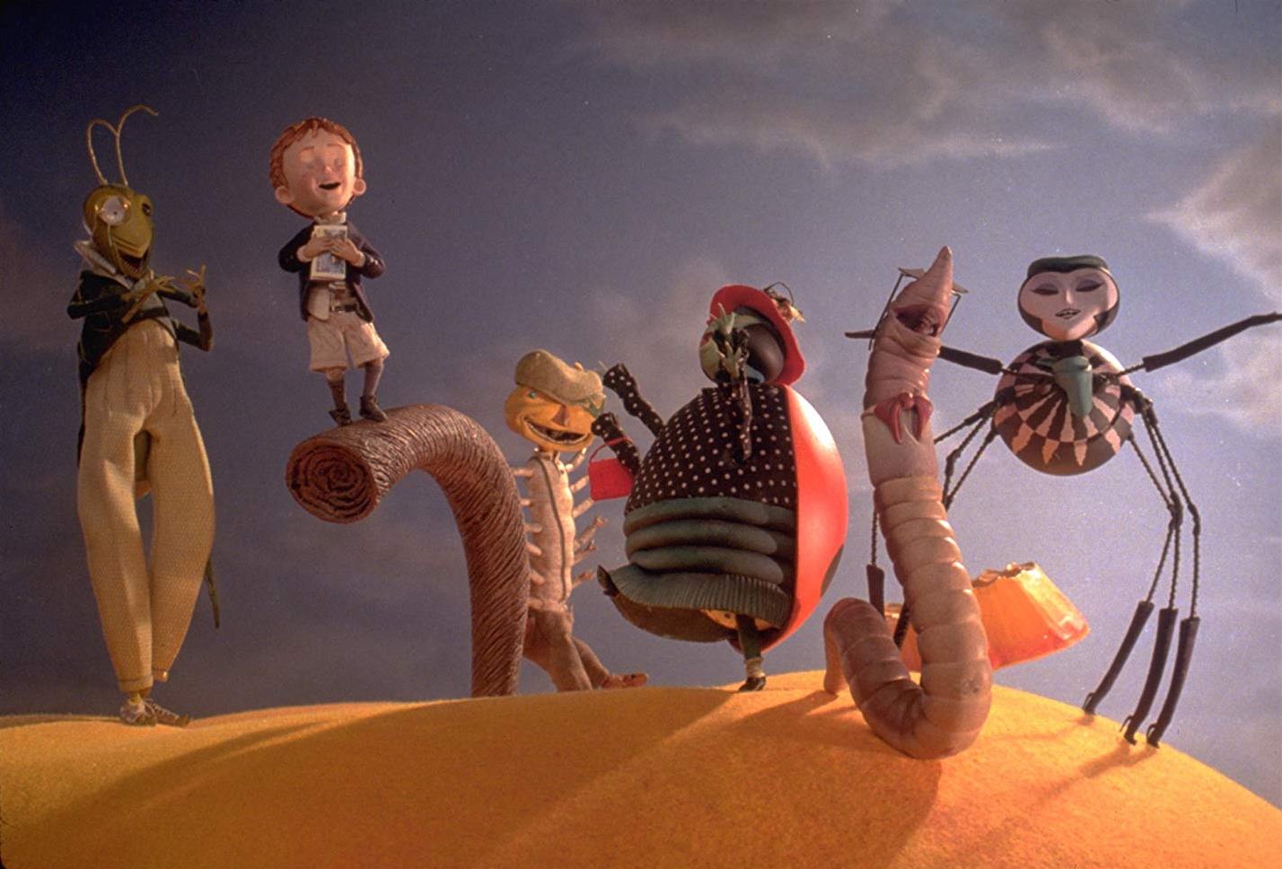 Setting forth on a journey aboard the giant peach - (l to r) Grasshopper (voiced by Simon Callow), James (voiced by Paul Terry), Glowworm (voiced by Miriam Margolyes), Ladybug (voiced by Jane Leeves), Earthworm (voiced by David Thewlis) and Spider (voiced by Susan Sarandon) in James and the Giant Peach (1996)