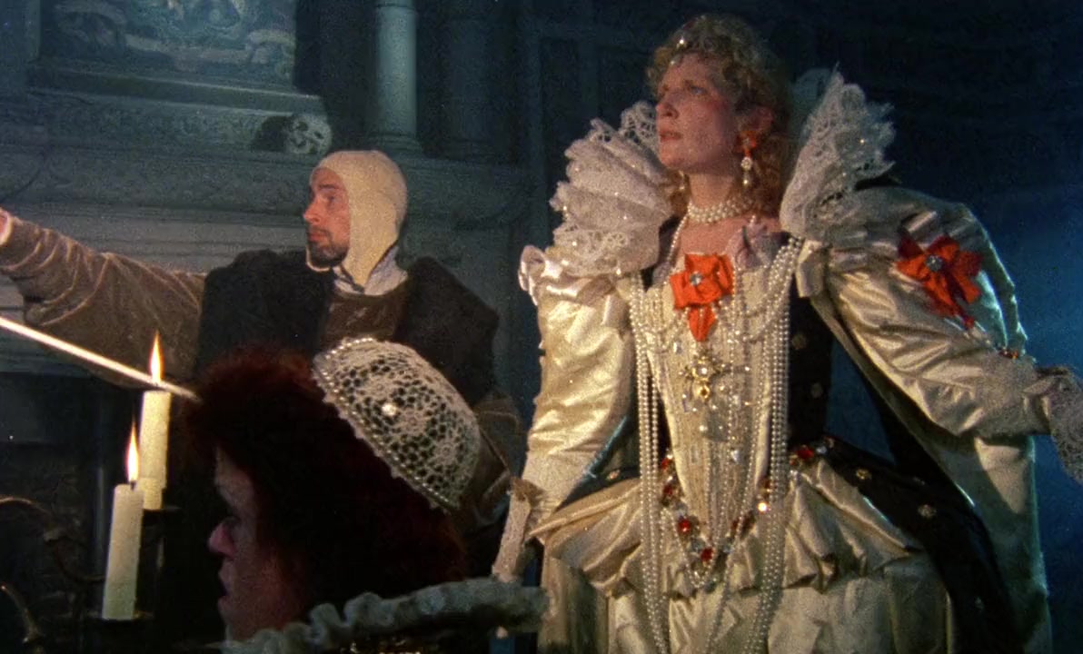 Queen Elizabeth I (Jenny Runacre) receives a vision of the future in Jubilee (1978)