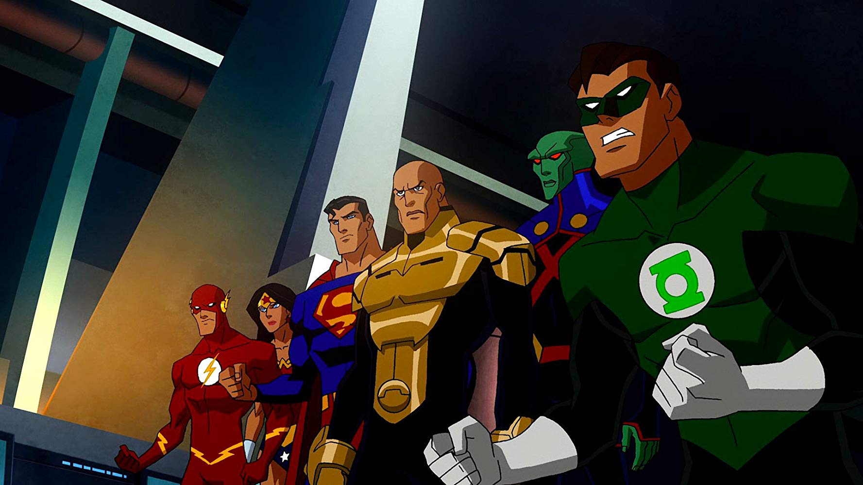 The Flash, Wonder Woman, Superman, the alternate world Lex Luthor, J'onn J'onnz and Green Lantern in Justice League Crisis on Two Earths (2010)