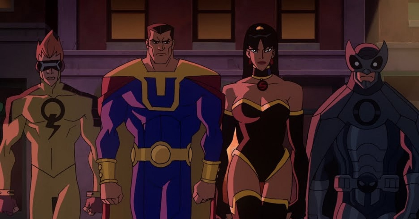 The Crime Syndicate line-up - Johnny Quick, Ultraman, Superwoman and Owlman in Justice League Crisis on Two Earths (2010)