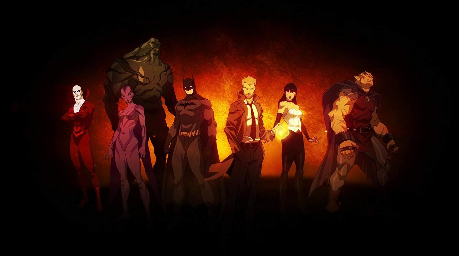 Promotional artwork character line-up - Deadman, Black Orchid, Swamp Thing, Batman, John Constantine, Zatanna and Etrigan in Justice League Dark (2017)