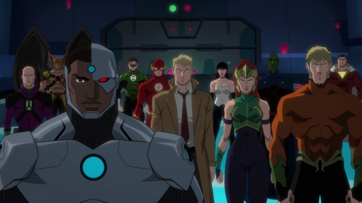 Justice League line-up - Lex Luthor, Hawkman, Cyborg, Green Lantern, The Flash, John Constantine, Lady Shiva, Mera, Martian Manhunter, Aquaman and Shazam in Justice League Dark: Apokolips War (2020)