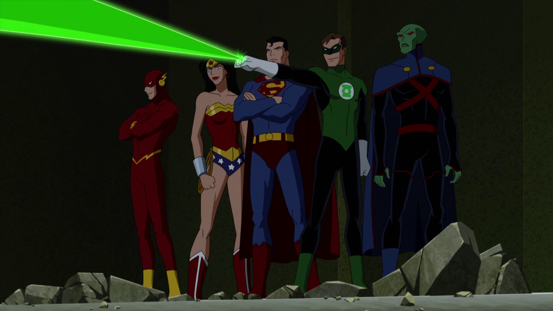 Justice League line-up - The Flash, Wonder Woman, Superman, Green Lantern, J'onn J'onnz in Justice League Doom (2012)