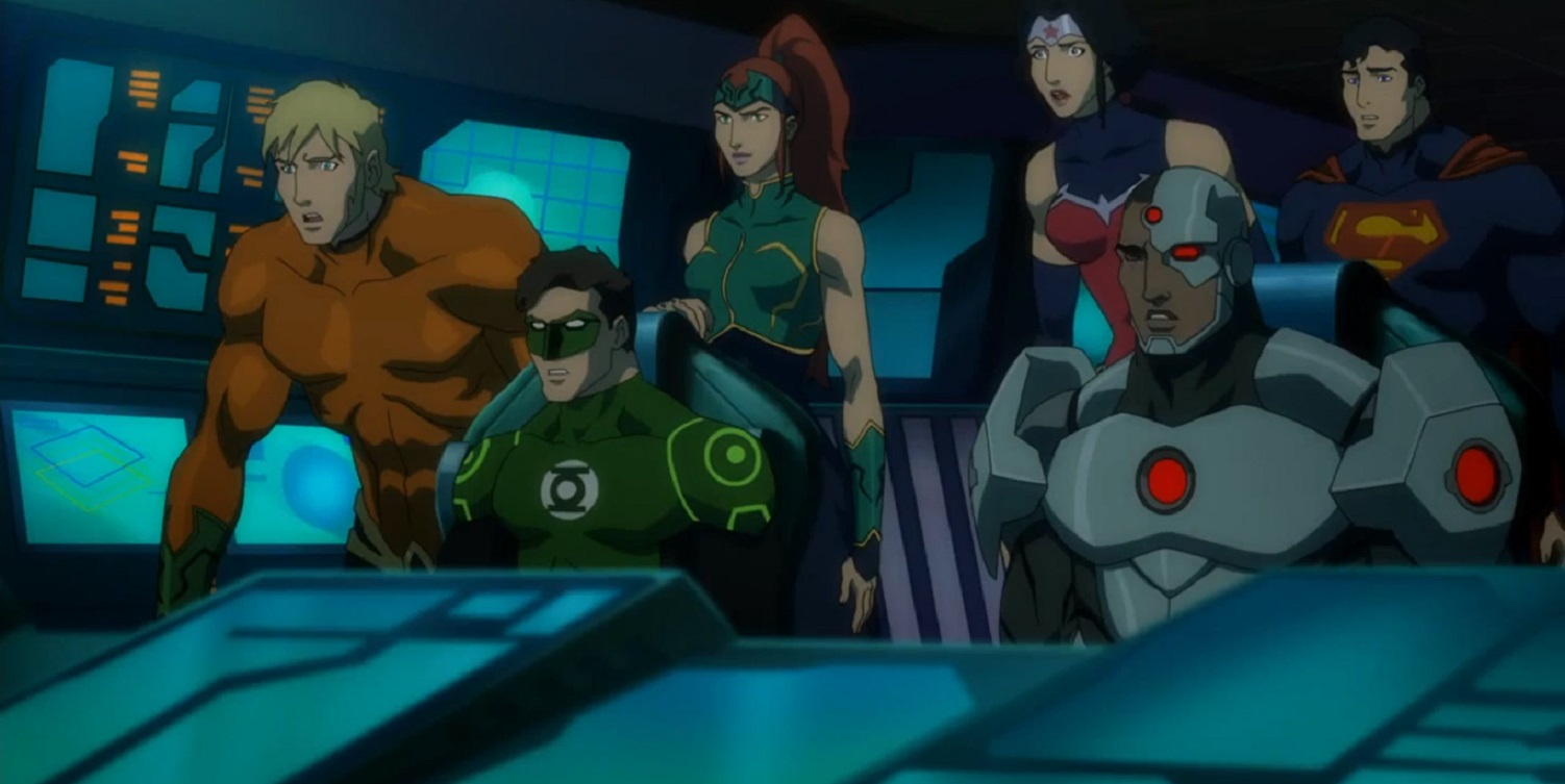 Aquaman, Green Lantern, Mera, Wonder Woman, Cyborg and Superman in Justice League Throne of Atlantis (2015)