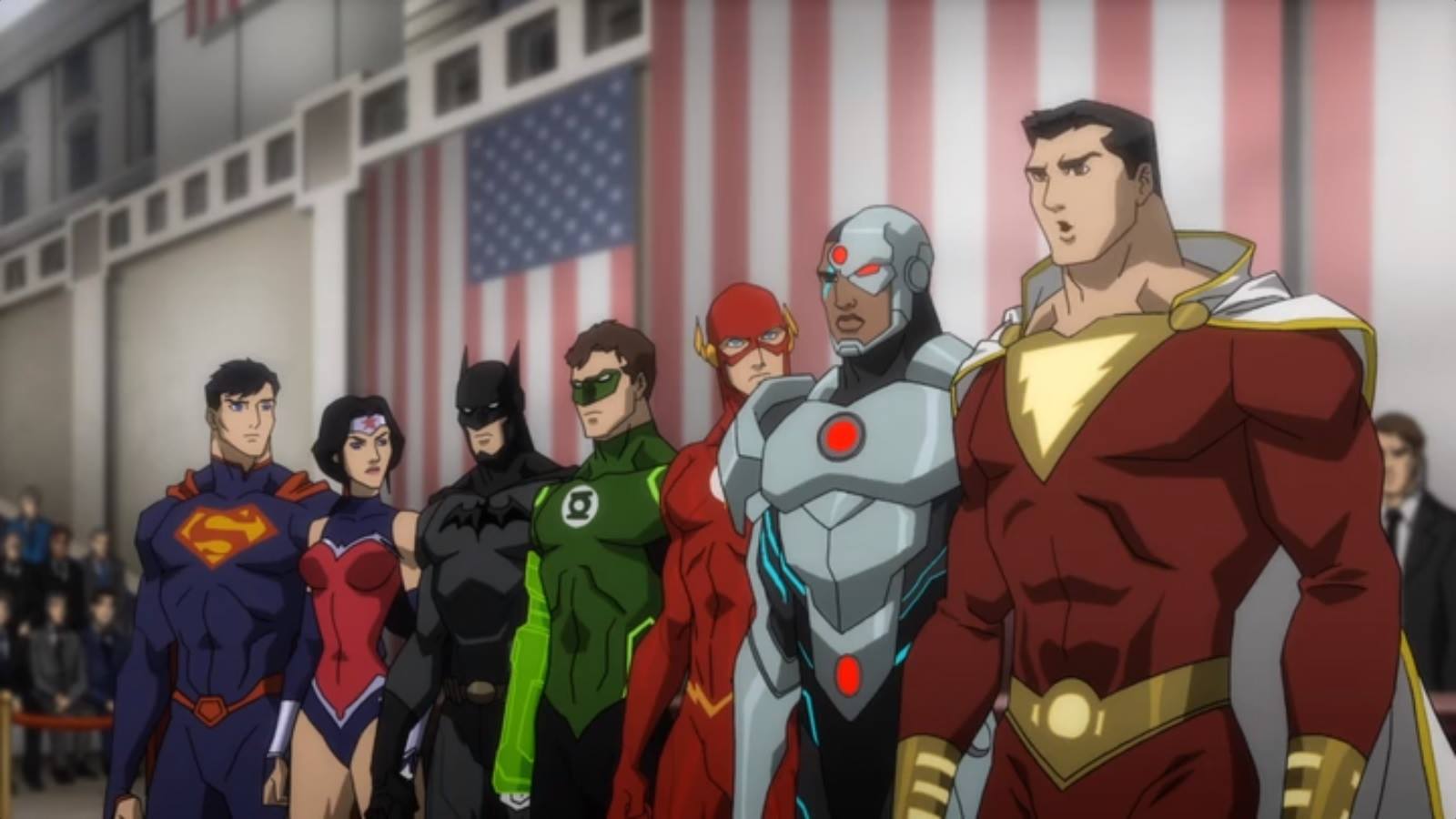 The New 52 Justice League line-up - Superman, Wonder Woman, Batman, Green Lantern, The Flash, Cyborg and Shazam in Justice League War (2014) 2