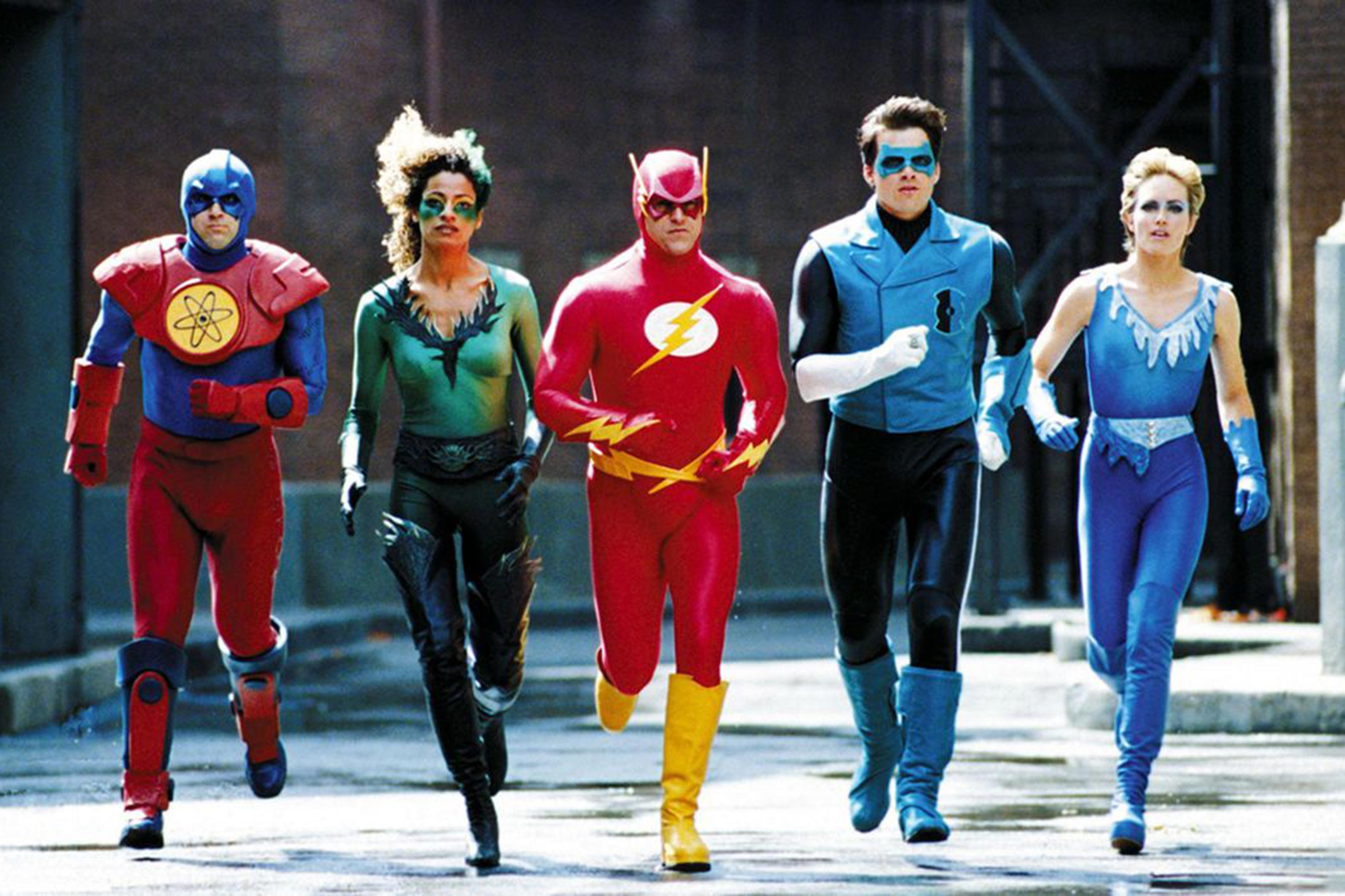 The Justice League - (l to r) The Atom (John Kassir), Fire (Michelle Hurd), The Flash (Kenny Johnston), Green Lantern (Matthew Settle) and Ice (Kim Oja) in Justice League of America (1997)