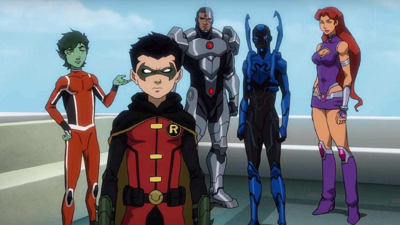 Beast Boy, Damian Wayne/Robin, Cyborg, Blue Beetle and Starfire in Justice League vs Teen Titans (2016)