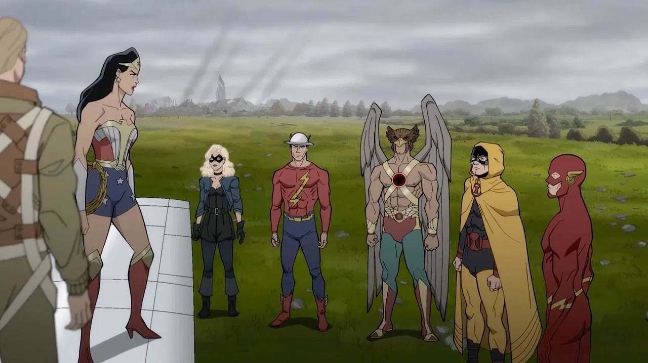 Wonder Woman, Black Canary, The Flash (Jay Garrick), Hawkman, Hourman and The Flash (Barry Allen) in Justice Society: World War II (2021)