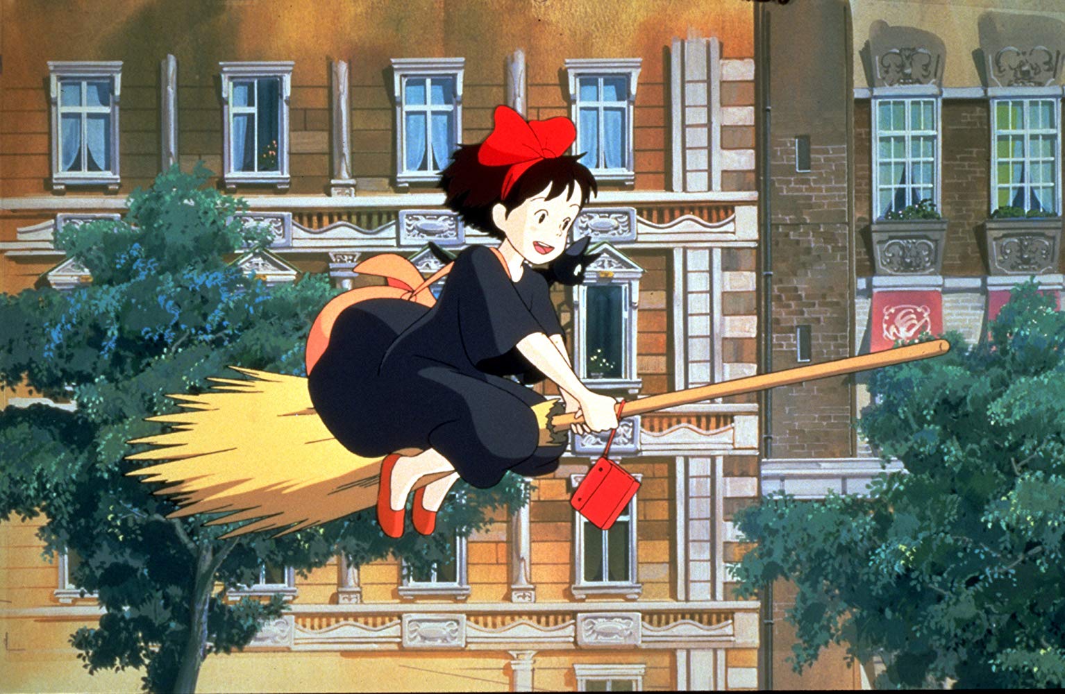 Kiki in flight on her bromstick in Kiki's Delivery Service (1989)