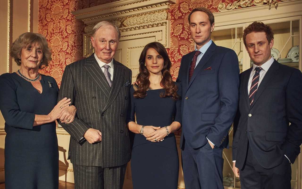 Carmilla (Margot Leicester), Charles (Tim Pigott-Smith), Kate Middleton (Charlotte Riley), Prince William (Oliver Chris) and Prince Harry (Richard Goulding) in King Charles III (2017)