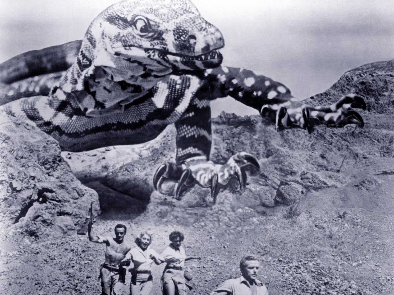 Douglas Henderson, Wanda Curtis, Patti Gallagher and Bill Bryant flee dinosaur attack in King Dinosaur (1955)