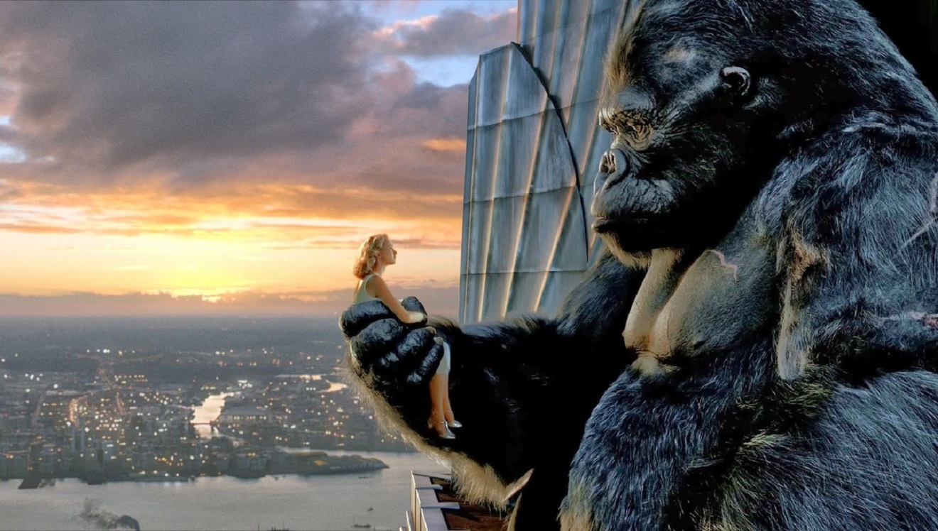 Kong and Ann Darrow (Naomi Watts) share a tender moment atop the Empire State Building in King Kong (2005)