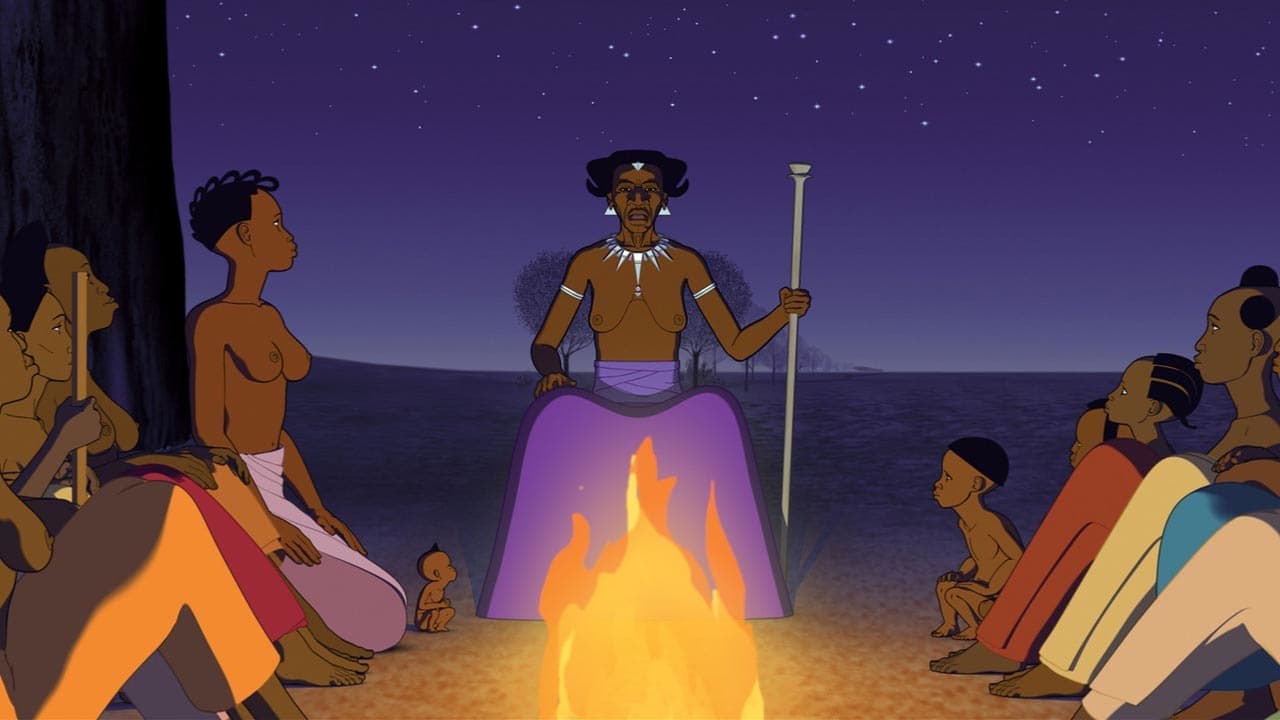 The Girotte sits down to tell the village a story in Kirikou and the Men and Women (2012)