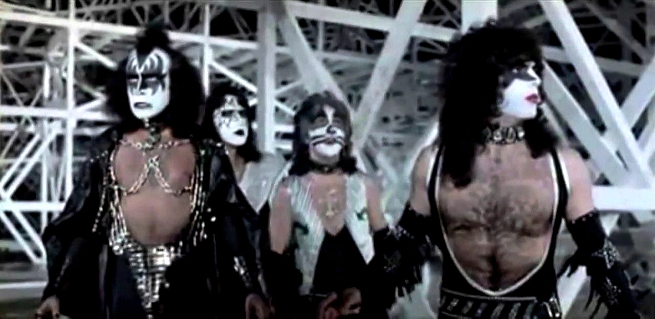 Kiss (Gene Simmons, Ace Frehley, Peter Criss and Paul Stanley) at the Magic Mountain amusement park in Kiss Meets Phantom of the Park (1978)