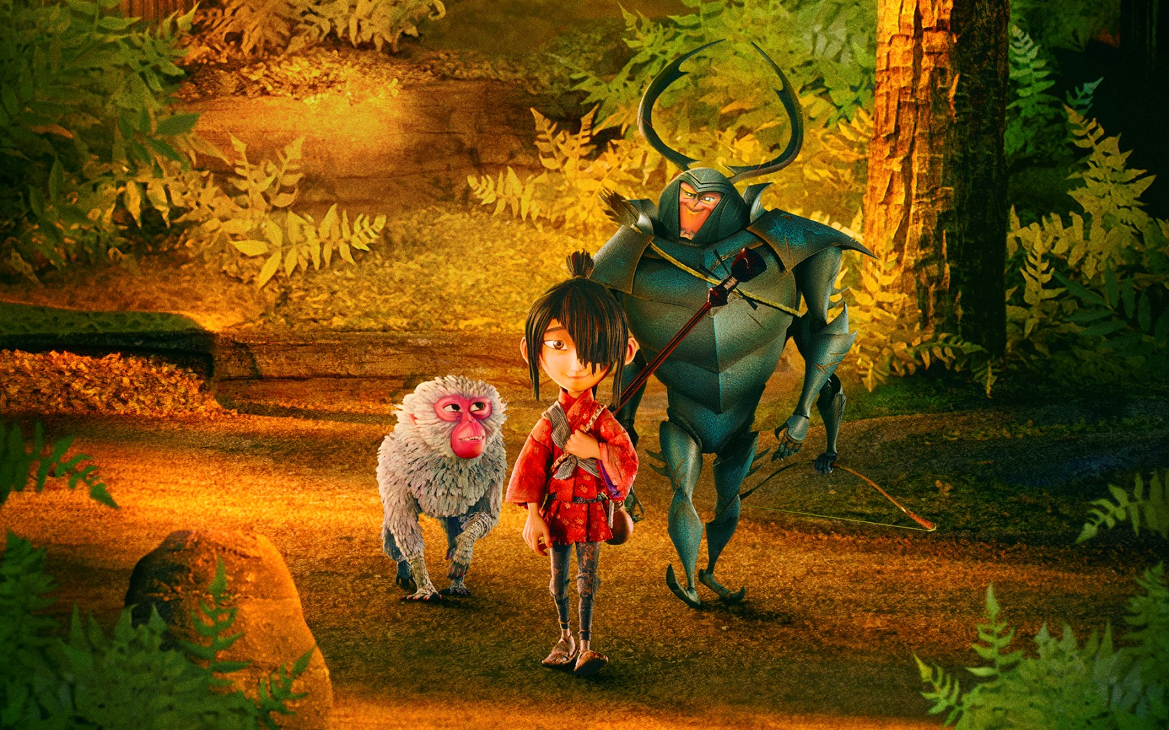 (l to r) Monkey (voiced by Charlize Theron), Kubo (voied by Art Parkinson) and Beetle (voiced by Matthew McConaughey) in Kubo and the Two Strings (2016)