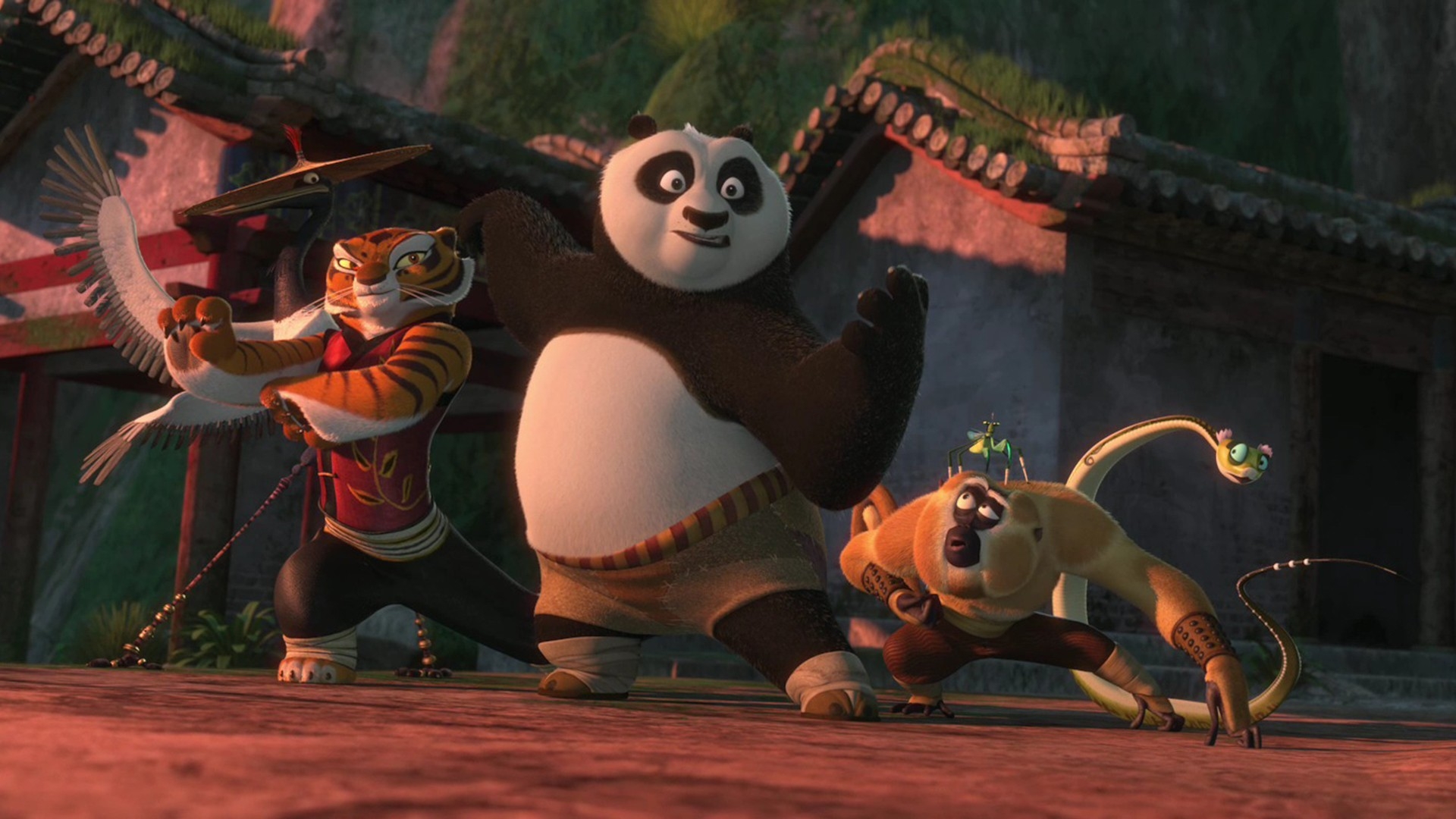 (l to r) Crane (voiced by David Cross), Tigress (voiced by Angelina Jolie), Po (voiced by Jack Black), Monkey (voiced by Jackie Chan), Mantis (voiced by Seth Rogen) and Viper (voiced by Lucy Liu) in Kung Fu Panda 2 (2011)