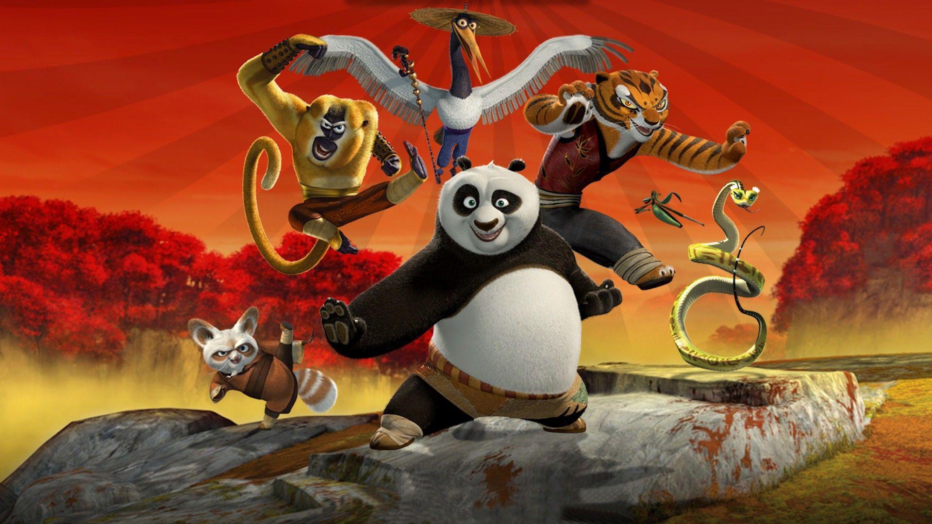 Master Shifu (voiced by Dustin Hoffman), Master Monkey (voiced by Jackie Chan), Master Crane (voiced by David Cross), Master Tigress (voiced by Angelina Jolie), Master Mantis (voiced by Seth Rogen), Master Viper (voiced by Lucy Liu) and Po (voiced by Jack Black) in Kung Fu Panda (2008)