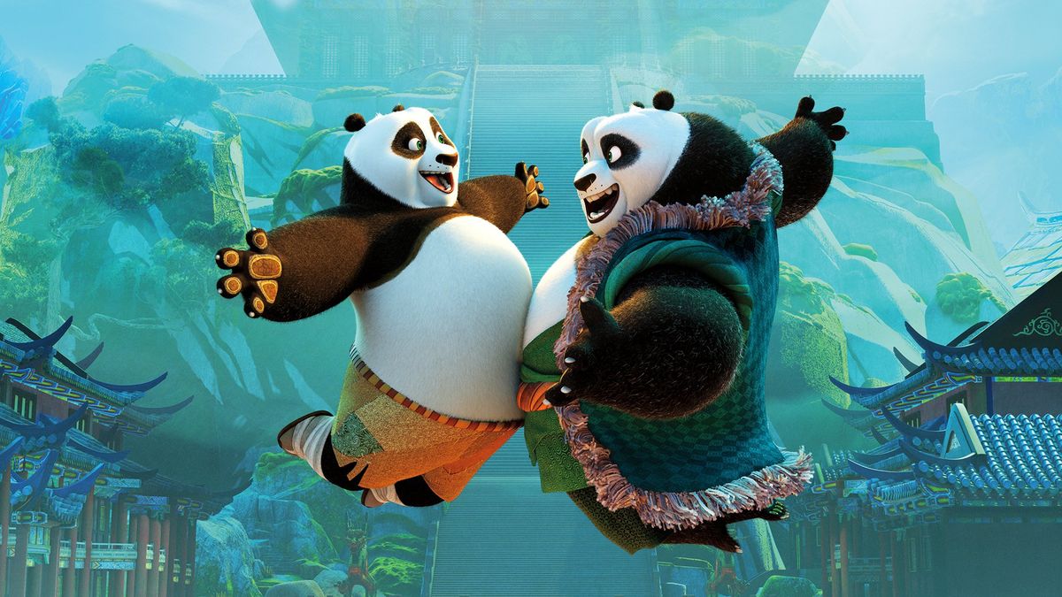 (l to r) Po (voiced by Jack Black) meets his father Li Shan (voiced by Bryan Cranston) in Kung Fu Panda 3 (2016)