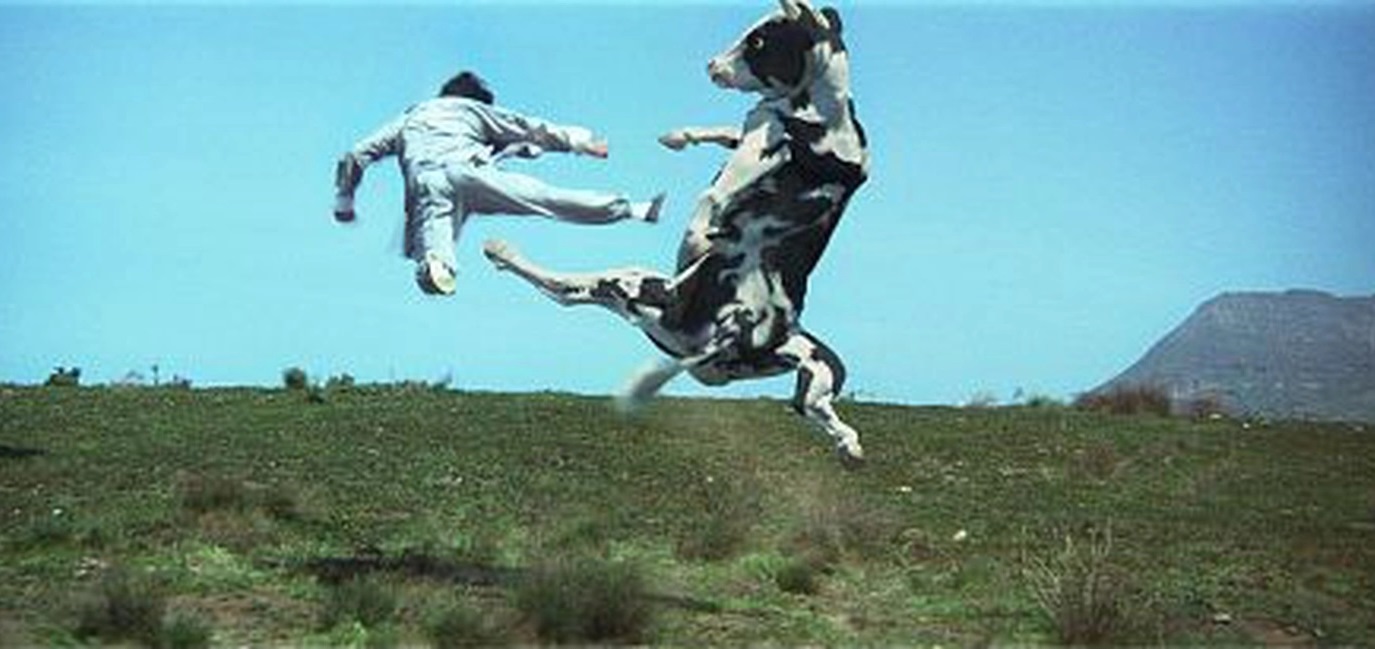 The Chosen One (Steve Oedekerk) in martial arts action against a cow in Kung Pow Enter the Fist (2002)