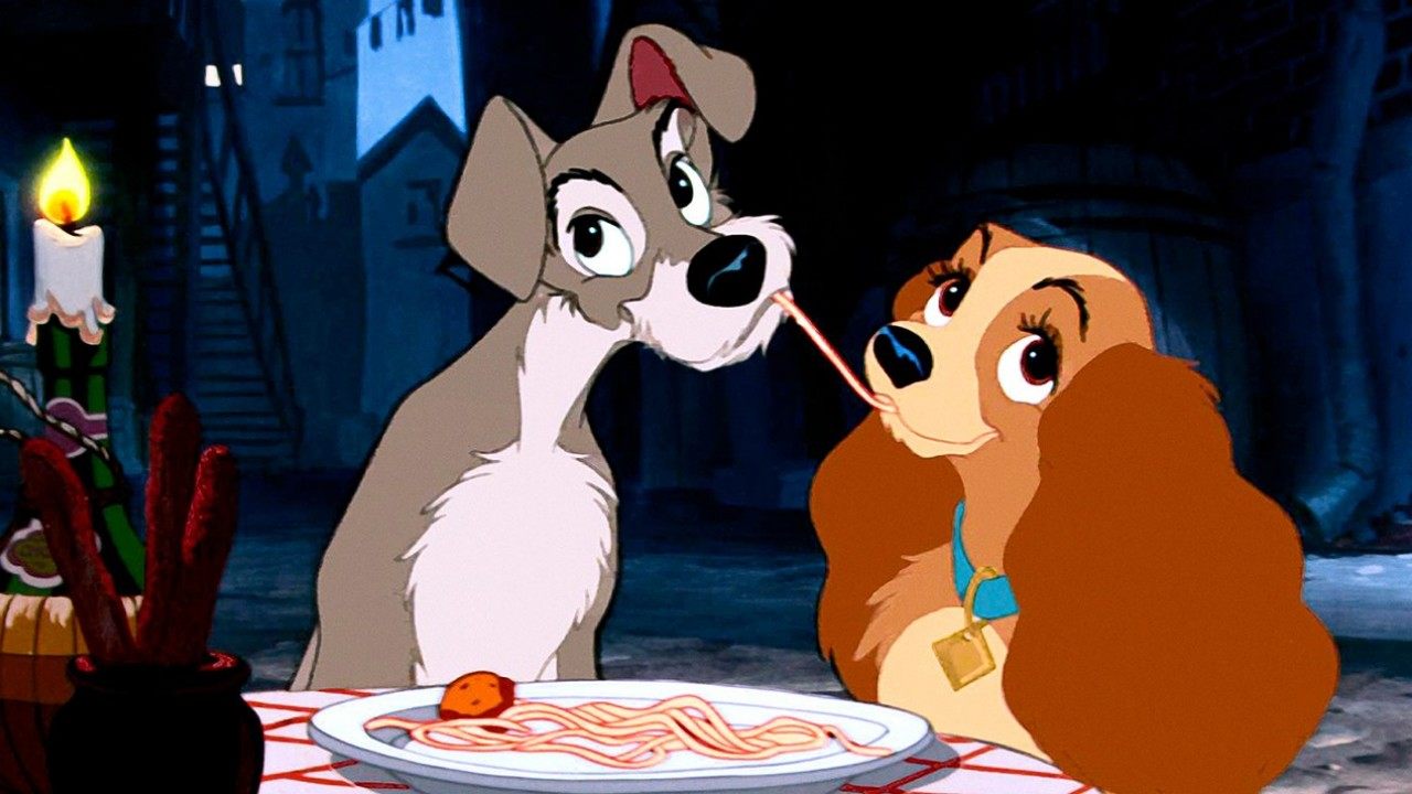 The classic spaghetti eating scene in Lady and the Tramp (1955)